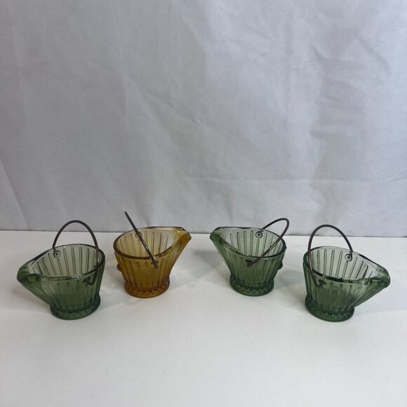 VTG Hazel Atlas Depression Glass Coal Bucket Ashtrays Scuttle 3 Green-1 Amber 2" - Picture 2 of 6